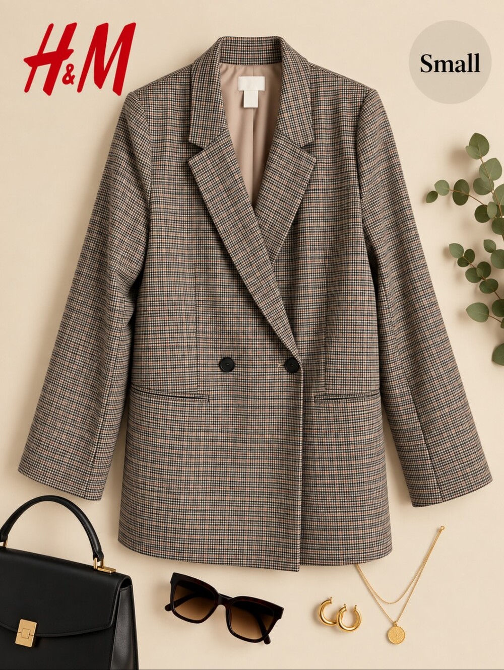 EUC H&M Double-Breasted Relaxed Style Houndstooth Plaid Blazer, Small